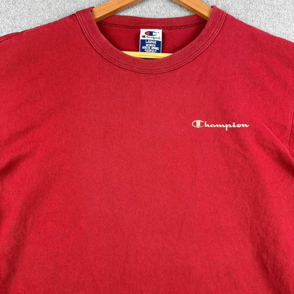 Vintage 90s Champion T Shirt Mens Large Red Script Logo Short Sleeve Authentic